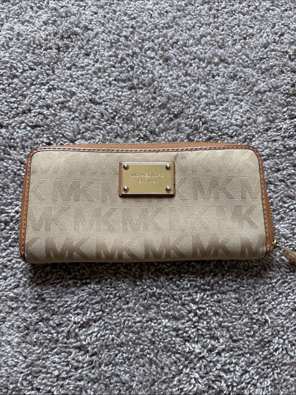 Michael Kors Tan Beige MK Logo Zip Wallet with Gold Plate